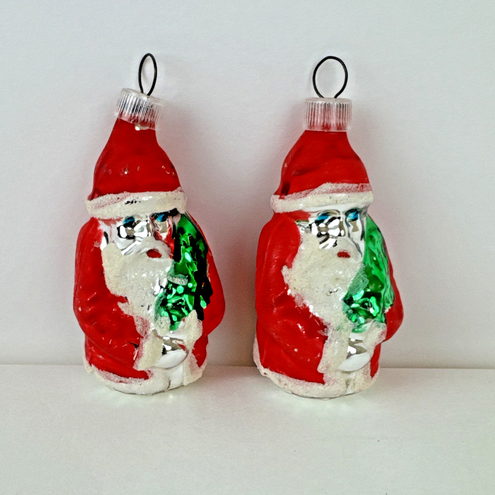 Lot of 2 Vintage Blown Glass Small SANTA w Green tree Christmas Ornament Austria